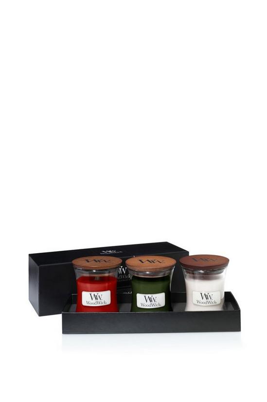 Woodwick Mini Candle Gift Set Frasier Fir, White Teak, Crimson Berries 1