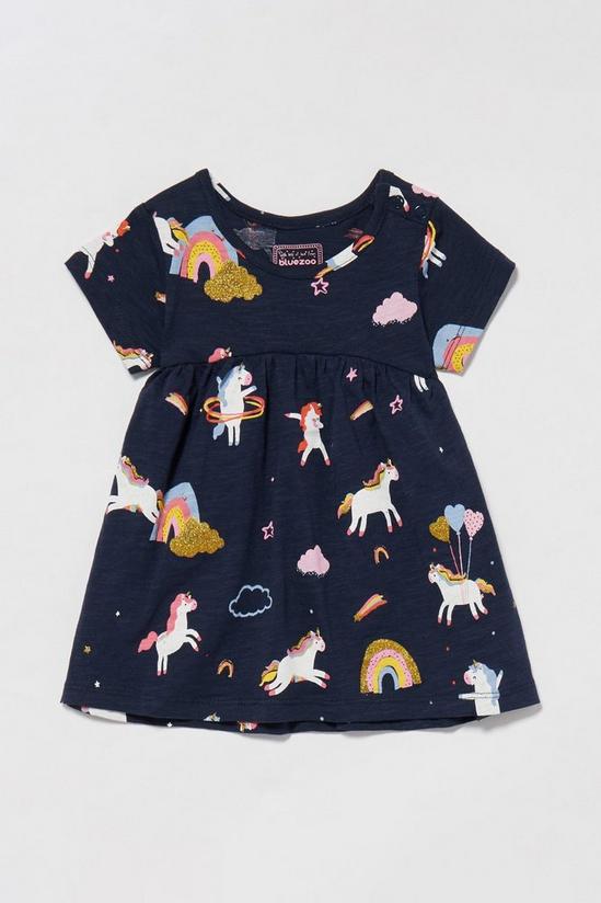 Blue Zoo Baby Girls Navy Unicorn Print Cotton Dress 1